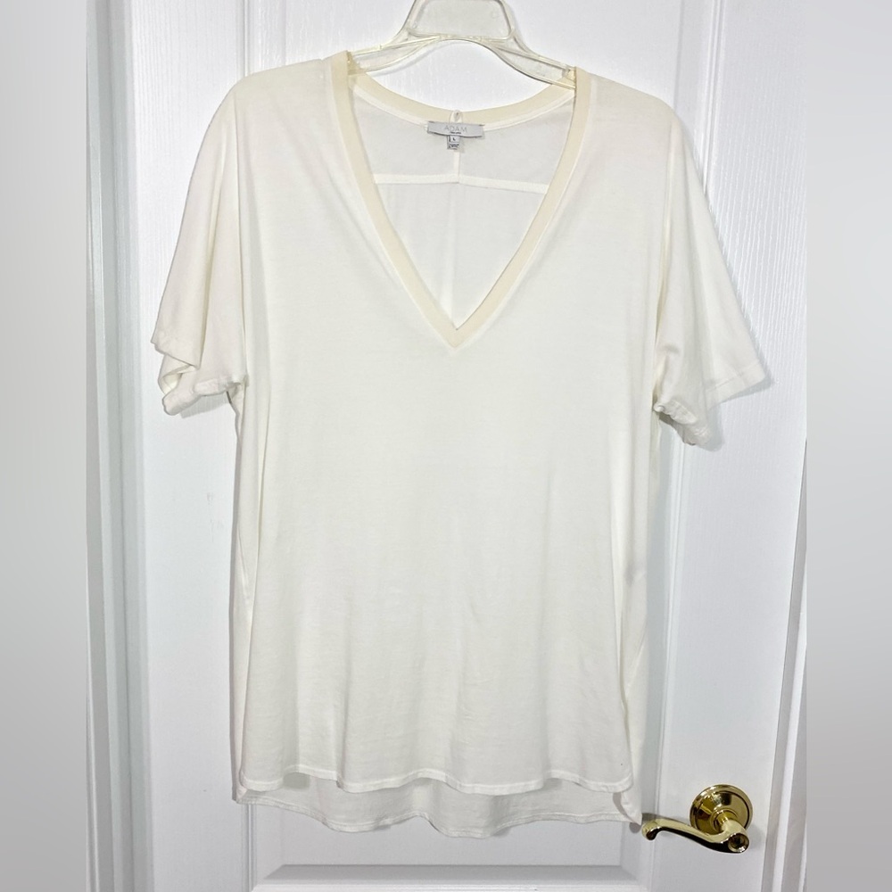 ADAM Adam Lippes Pima Cotton Deep V Neck Tee Ivory Size Large